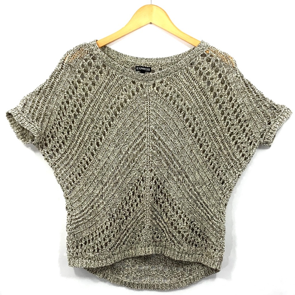 EXPRESS Short Sleeve Sweater Crochet Knit Loose Fit Sweater Top Black Cream B12